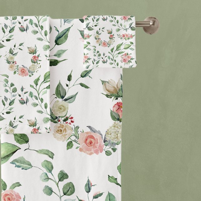 Modern White & Pink Rose Laurels Badhandtuch Set (Von Creator hochgeladen)