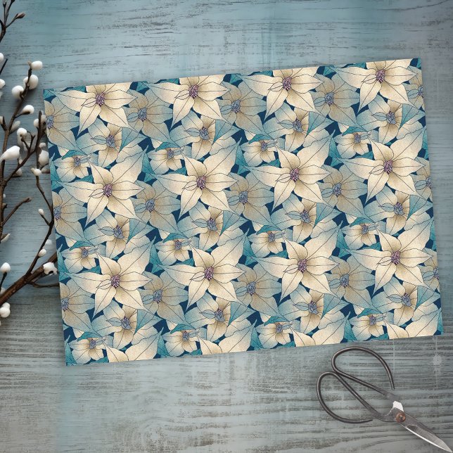 Modern White Poinsettia Christmas Blue Pattern Seidenpapier (Von Creator hochgeladen)