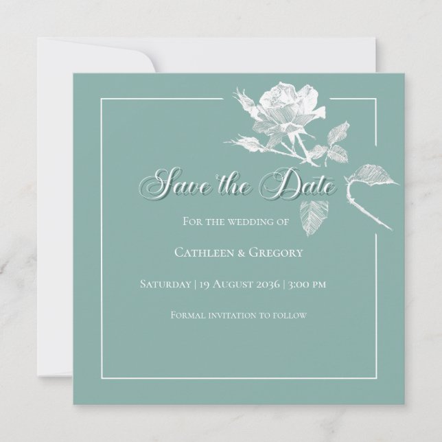 Modern White Roses Sage Green Floral Wedding Save The Date (Vorderseite)