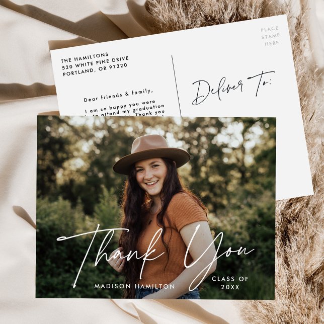 Modern White Script Foto Abschluss Vielen Dank Postkarte (Von Creator hochgeladen)