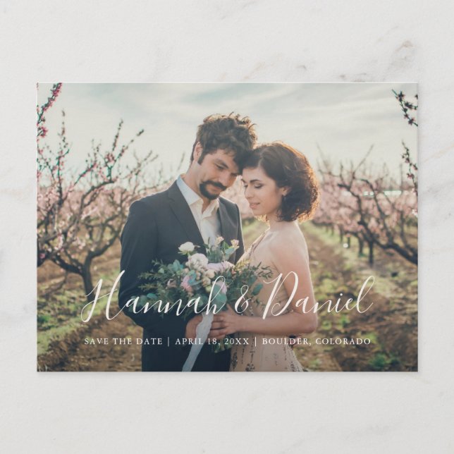 Modern White Script Foto Custom Save the Date Einladungspostkarte (Vorderseite)