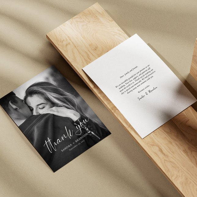 Modern White Script Foto Wedding Danke Card (Modern White Script Photo Wedding Thank You Card)