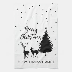 Modern White Script "Frohe Weihnachten" und Deer K Geschirrtuch