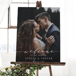 Modern White Script Photo Wedding Welcome Sign Poster