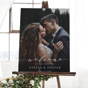 Modern White Script Photo Wedding Welcome Sign Poster