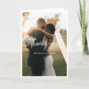 Modern White Script Wedding Foto Vielen Dank Dankeskarte