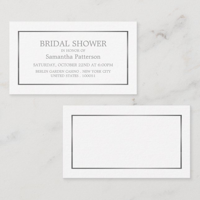Modern White & Silver Brautparty Ticket Einladung (Vorne/Hinten)
