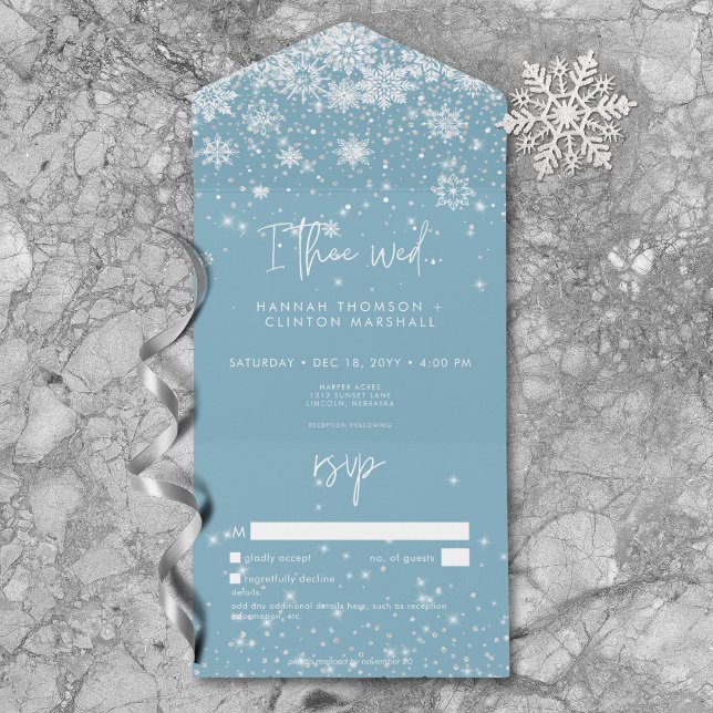 Modern White Sparkakes Snowflakes Blue No Dinner All In One Einladung (Modern White Sparkle Snowflakes Blue No Dinner All In One Invitation)