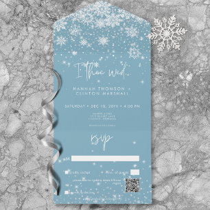 Modern White Sparkakes Snowflakes Blue QR Code All In One Einladung