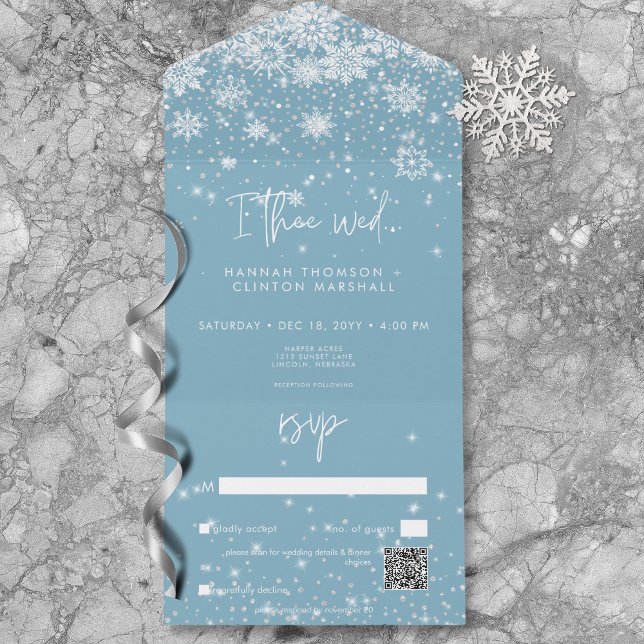Modern White Sparkakes Snowflakes Blue QR Code All In One Einladung (Modern White Sparkle Snowflakes Blue QR Code All In One Invitation)