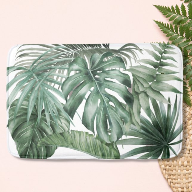 Modern White Tropical Monstera Leaves Pattern Badematte (Von Creator hochgeladen)