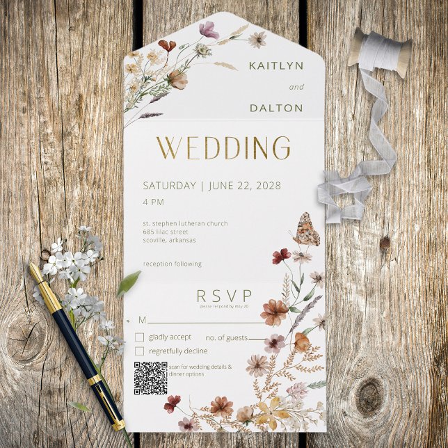 Modern White Wildblume Bouquet QR Code All In One Einladung (Von Creator hochgeladen)