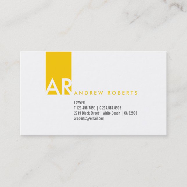 Modern White Yellow Monogram Business Card Visitenkarte (Vorderseite)