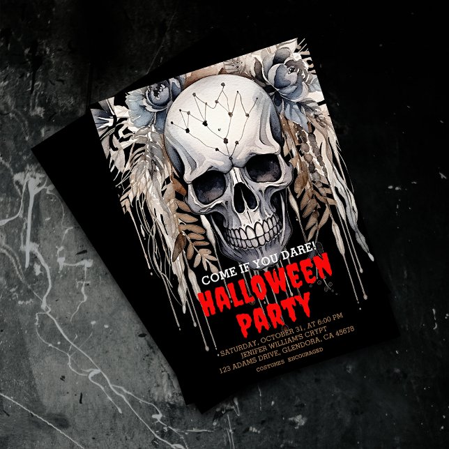 Modern Wicked Skull Black Halloween-Party Einladung (Elevate your upcoming event with uniquely spooky and captivatingly designed Halloween invitations!)