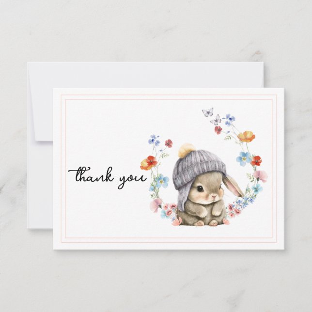 Modern Wildflower Cute Bunny First Birthday  Dankeskarte (Vorderseite)