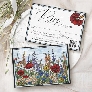 Modern Wildflower Stained Glass Floral Wedding RSVP Karte