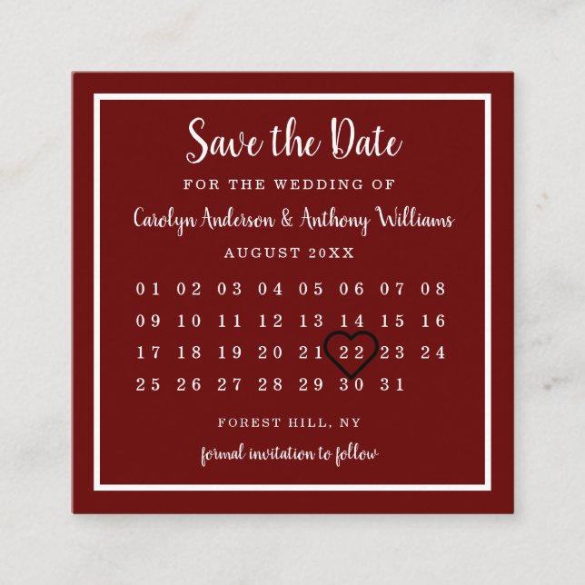 Modern Wine Red Calendar Save the Date Begleitkarte (Vorderseite)