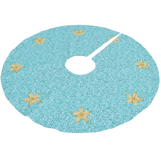 Modern Winter Blue Glitzer Gold Stars Weihnachten Polyester Weihnachtsbaumdecke (Schrägansicht)