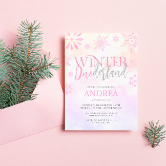 Modern Winter ONEderland Pink Girl 1. Geburtstag Einladung
