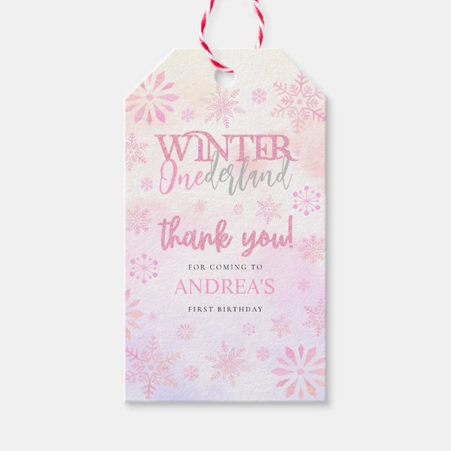 Modern Winter ONEderland Pink Girl 1. Geburtstag Geschenkanhänger (Vorderseite)