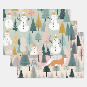 Modern Winter Pastel Snowman Foxes & Trees Grüntön Geschenkpapier Set