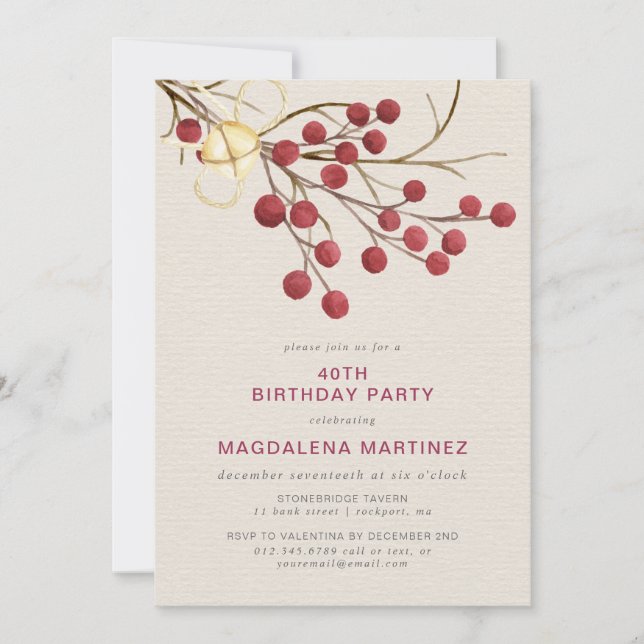 Modern Winter Red Berry 40. Geburtstag Party Einladung (Vorderseite)