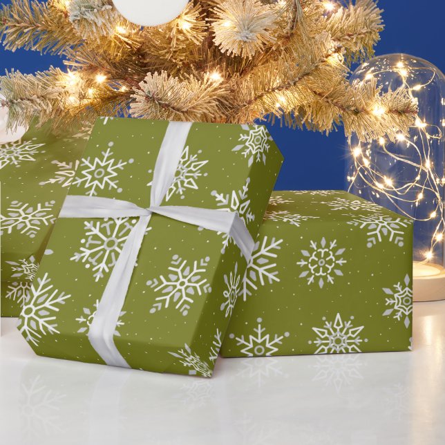 Modern Winter Snowflake Olivenweg Grün Urlaub Geschenkpapier (Feiertage)