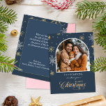 Modern Winter Snowflakes Foto Navy Blue Weihnachte Feiertagskarte<br><div class="desc">Freuen Sie sich auf einen Feiertagssjubiläum mit einer maßgeschneiderten Foto Moderne Holiday Grußkarte. Freuen Sie sich auf Ihr Foto auf der Vorderseite,  umgeben von Winterschneeflocken und elegantem Weihnachtsgrüßen. Legen Sie Ihr Foto auf die Karte und schreiben Sie Ihren ganz eigenen Gruß.</div>