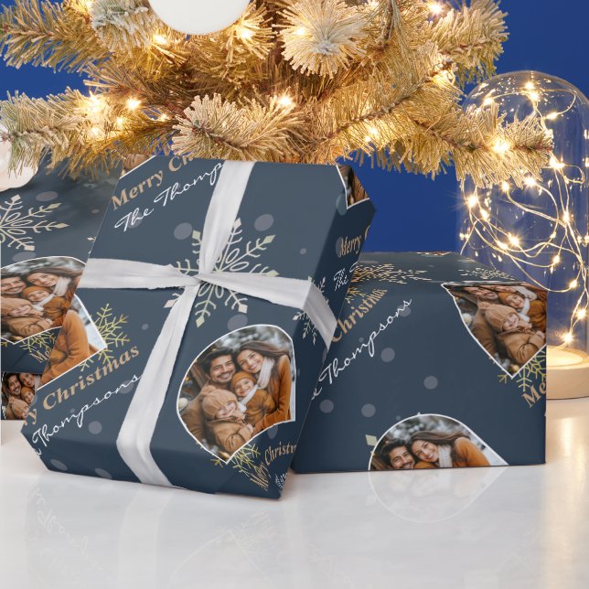 Modern Winter Snowflakes Foto Navy Blue Weihnachte Geschenkpapier (Feiertage)