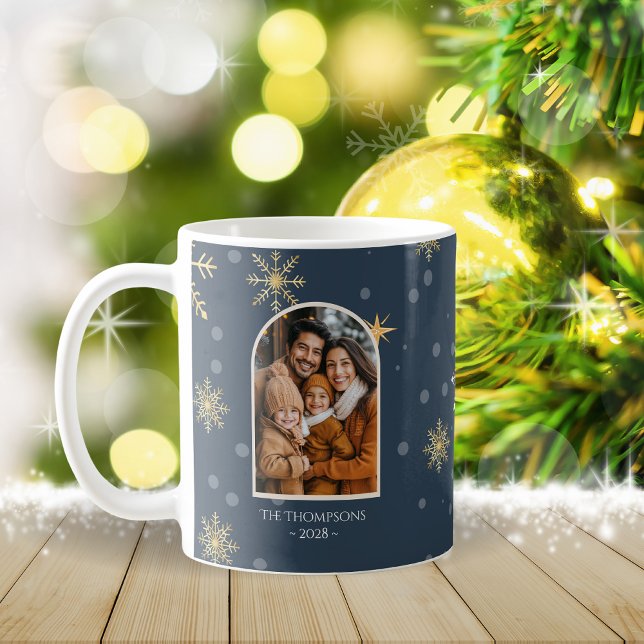 Modern Winter Snowflakes Foto Navy Blue Weihnachte Kaffeetasse (Von Creator hochgeladen)
