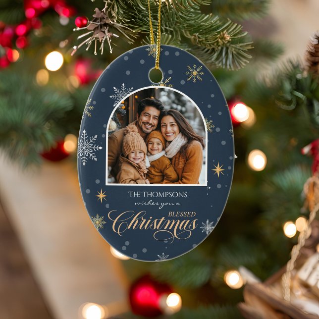 Modern Winter Snowflakes Foto Navy Blue Weihnachte Keramik Ornament (Von Creator hochgeladen)