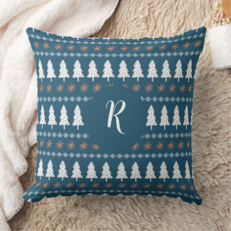 Modern Winter Weihnachtsbaum Muster Monogram Blue Kissen