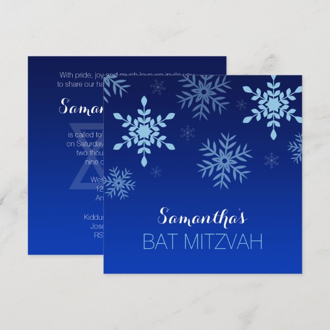 Modern Winter Wonderland Blue Bat Mitzvah Einladung (Vorne/Hinten)