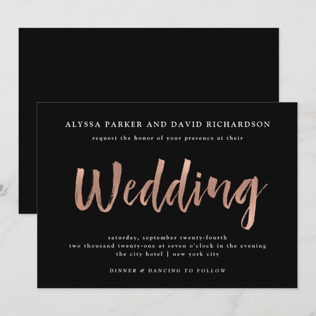 Modern Wish | Imitate Rose Gold auf Black Wedding Einladung (Vorne/Hinten)