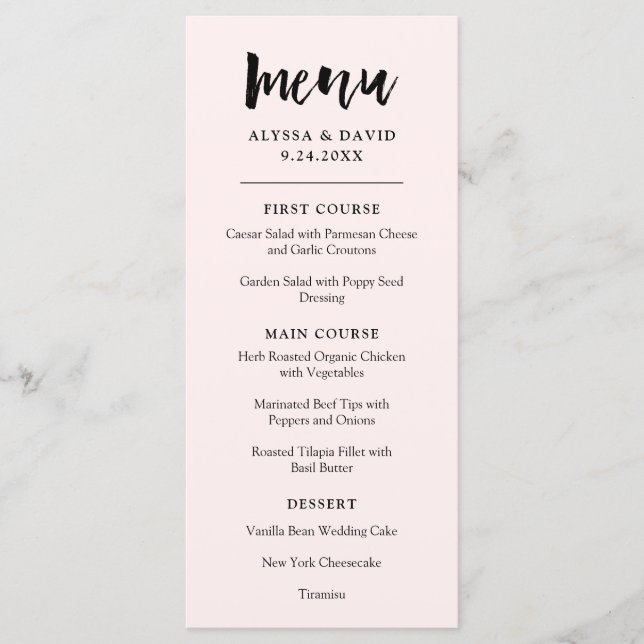 Modern Wish | Rosa Hochzeit Menükarte (Vorderseite)