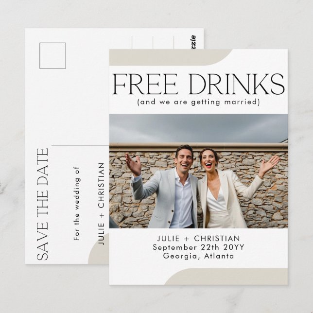 Modern witzige, kostenlose Getränke Hochzeit Siche Postkarte (Vorne/Hinten)