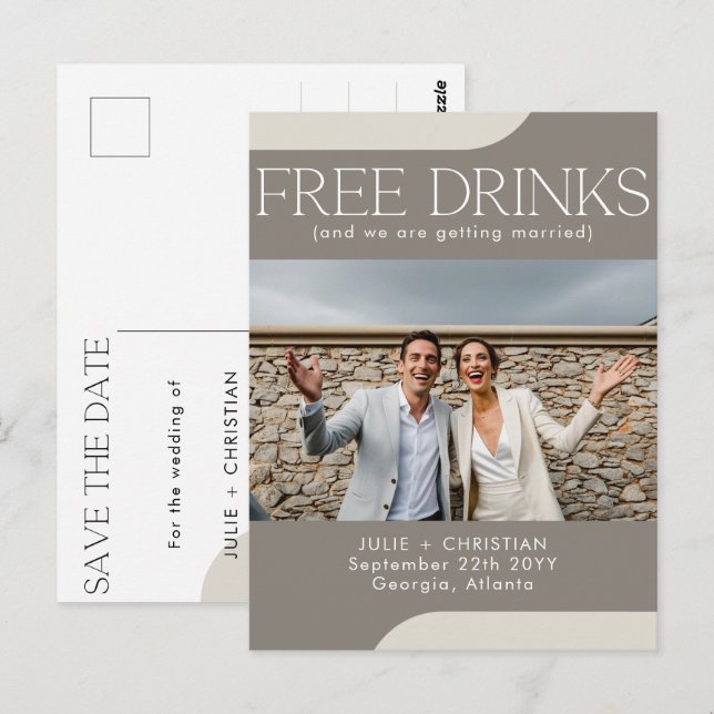 Modern witzige, kostenlose Getränke Hochzeit Siche Postkarte (Vorne/Hinten)