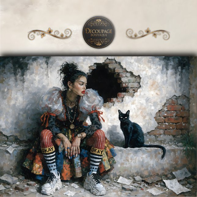 Modern Woman and Black Cat Decoupage Seidenpapier (Modern Woman and Black Cat Decoupage Tissue Paper)