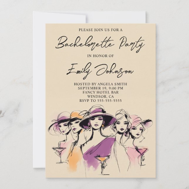 Modern Women Cocktails Illustration Bachelorette Einladung (Vorderseite)