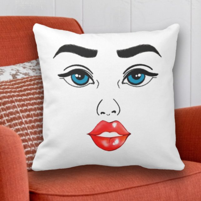 Modern Women Line Zeichnend Blaue Augen - Rote Lip Kissen (Von Creator hochgeladen)