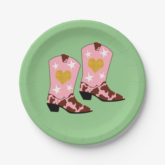 Modern Women Pink Cowgirl Western Boots Green Pappteller (Vorderseite)