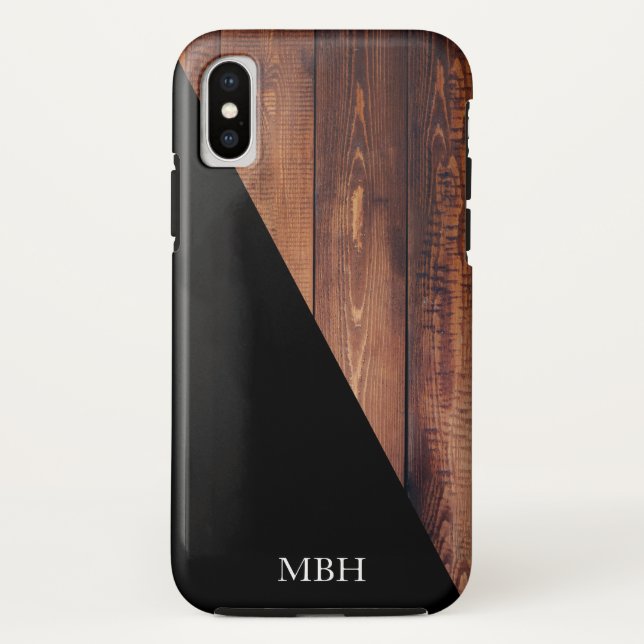 Modern Wood Planks & Black Diagonal | Monogramm Case-Mate iPhone Hülle (Rückseite)