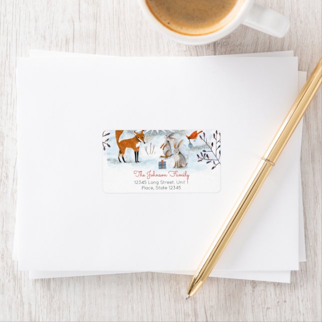Modern Woodland Blue & White Fox Weihnachten Adressaufkleber (Insitu)