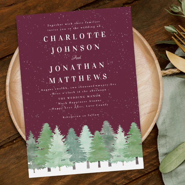 Modern Woodland Forest Burgund Winter Wedding Einladung (Modern watercolor Woodland snow forest burgundy winter wedding invitation elegant script)