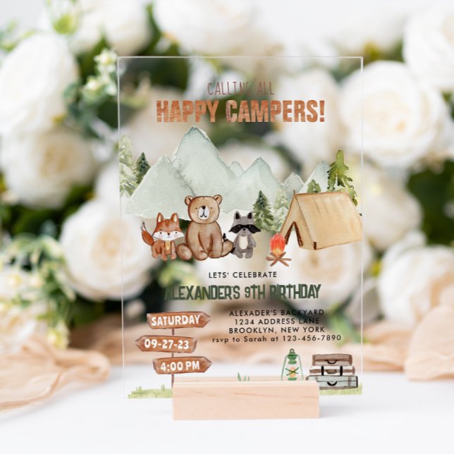 Modern Woodland Happy Camper Camping Kindergeburts Acryleinladungen (Von Creator hochgeladen)