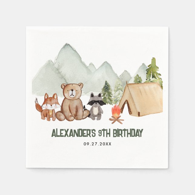 Modern Woodland Happy Camper Camping Kindergeburts Serviette (Vorderseite)
