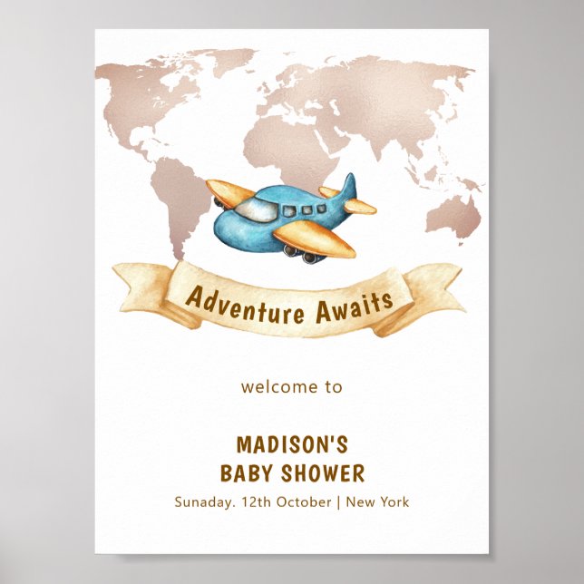 Modern World Map Airplane Boy Baby Shower Welcome Poster (Vorne)