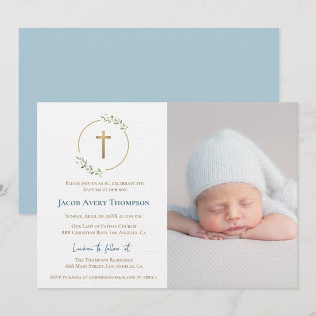 Modern Wreath Gold Cross Baby baptism Photo Blue Einladung (Vorne/Hinten)