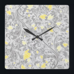 Modern Yellow and Gray Swirly Floral Quadratische Wanduhr<br><div class="desc">Pretty modern girly floral pattern featuring elegant pastel gray swirls and yellow and gold flowers intertwined on a darker gray background.</div>