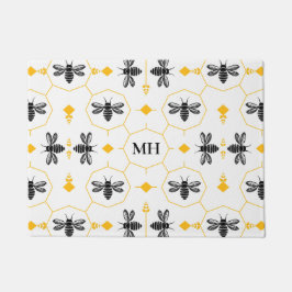 Modern Yellow Black Bee Pattern Elegant Monogram Fußmatte
